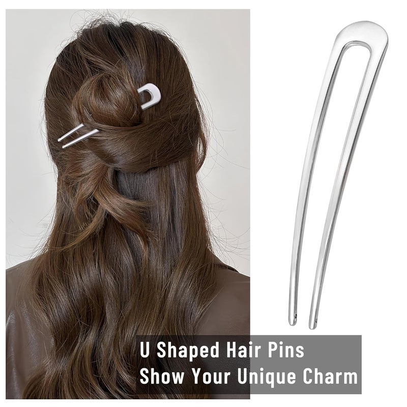 hisial 6Pcs Metal French Hair Pins for Women U Shape Sticks 3.9 Inch Vintage Fork for Hairstyle Accessories(Silver) - Image 5